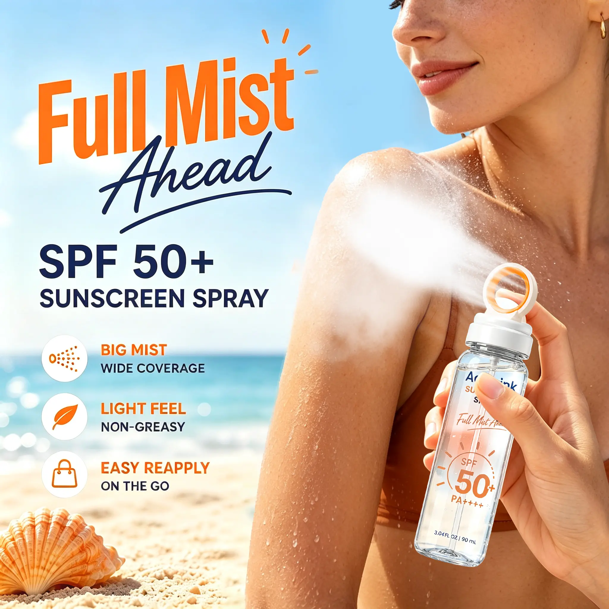 Acewink SPF 50+ UV Protection Spray, Lightweight Compact Quick-Dry Invisible Facial Sunscreen Mist for Daily Use, Beach & Outdoor Sports
