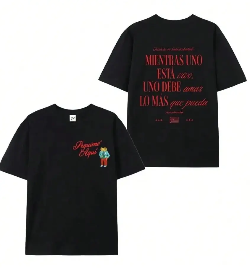 Men Women Solid Black Oversized Crew Neck T Shirt Double Sided Front "Seguimo Aqui" Red Cursive Text Cartoon Character Back Large Spanish Quote Jacobo Morales Red Letter Print Short Sleeve Latin Culture Street Tee
