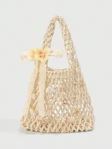 Gentle and elegant texture woven handbag, Weaving Purse, simple and high-end fashion atmosphere handbag, flower decoration, lace ribbon, wide shoulder strap, large capacity interior, preferred for daily travel and vacation