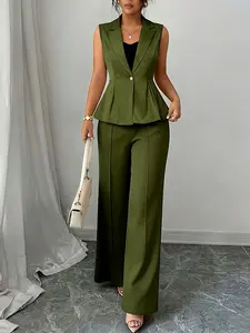 Women's Simple Business Style Set, Elegant Slim Fit Vest + Wide Leg Pants, Casual Two-Piece Summer M2637#, Ladies Fashion