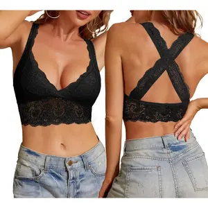 Women Floral Lace Bra Padded Breathable Bralette Halter Bra Wire Free Racerback Bra