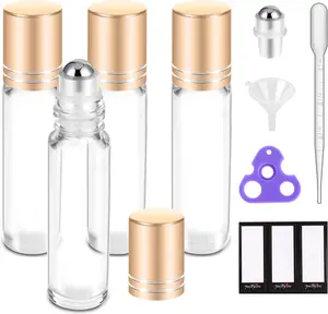 Essential Oil Roller Bottles 10ml (Clear Glass Bottle , with Extra Stainless Steel Balls,  Labels, Opener, Funnels Roller Balls for Oils, Roller on Bottles）