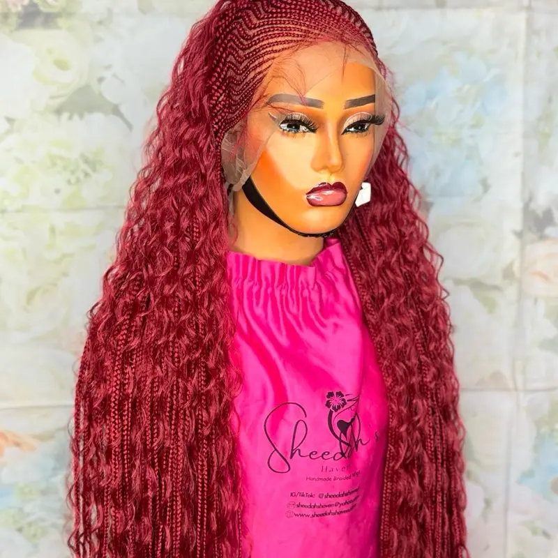 Full Lace 35 inch Small medium cap size  Cornrow Boho  braid wig for black women - Fiber Hair Lace Cap lightweight  braided wig for black women.  Baddie Boho Cornrow Braided Wig