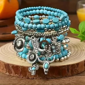 9Pcs Bohemian Turquoise Cow Head Charms Beaded Bracelet Set for Women & Men, Fashionable & Elegant Stackable Stretch Bracelets, Ideal Jewelry Gift for Family & Friends