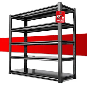Heavy-Duty Adjustable Metal Garage Storage Rack - 5-Tier Industrial Tool & Equipment Storage Shelving Unit, 63"H x 39.4"W x 17.8"D, Black Powder-Coated Steel Frame, Multi-Purpose Shelving, Modern Storage Unit, Durable Metal Construction