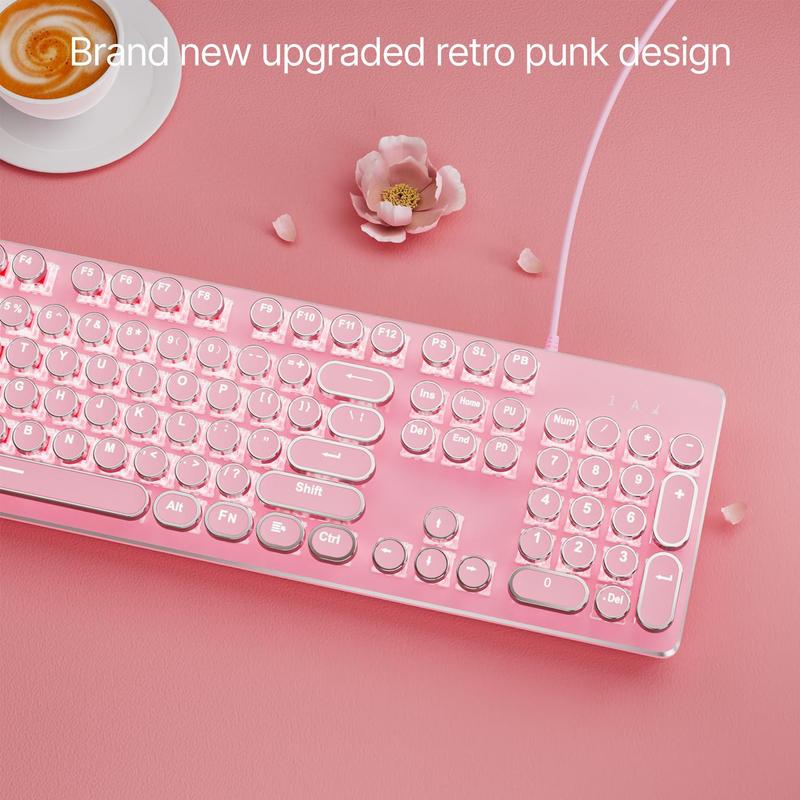 EWEADN Punk Typewriter Mechanical Gaming Keyboard, All-metallic Panel 104 Keys Full-size Numeric Keypad, White Backlit USB Wired Keyboard for Game and Office, Lighted Mechanical Keyboard