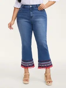 BLOOMCHIC Women's Plus Size Spandex-Cotton Bootcut Jeans Bottom Pants, Summer Turn-Up Boho Floral Lace Fabric Clothes, Christmas Color-Contrast Pockets, M-6X 2026 Mother's Day Pick for Boho Outfits 2026 Summer Vibes Swimweek
