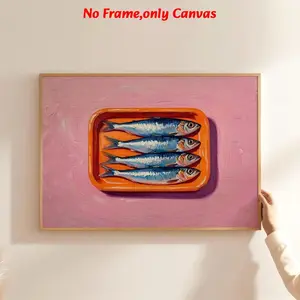 1pc, wall art, artistic vintage poster, sardines on a plate art print, Canvas Prints, orange pink background style canvas painting, living room decor, dining room decor aesthetic, kitchen decor, housewarming gift, unframed