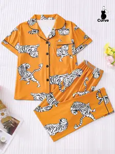 Women's Tiger Animal Print Sleepwear Set, Pajama Set, Loose Fit Short Sleeve Button-Up Shirt & Elastic Long Pants, Casual Home Wear