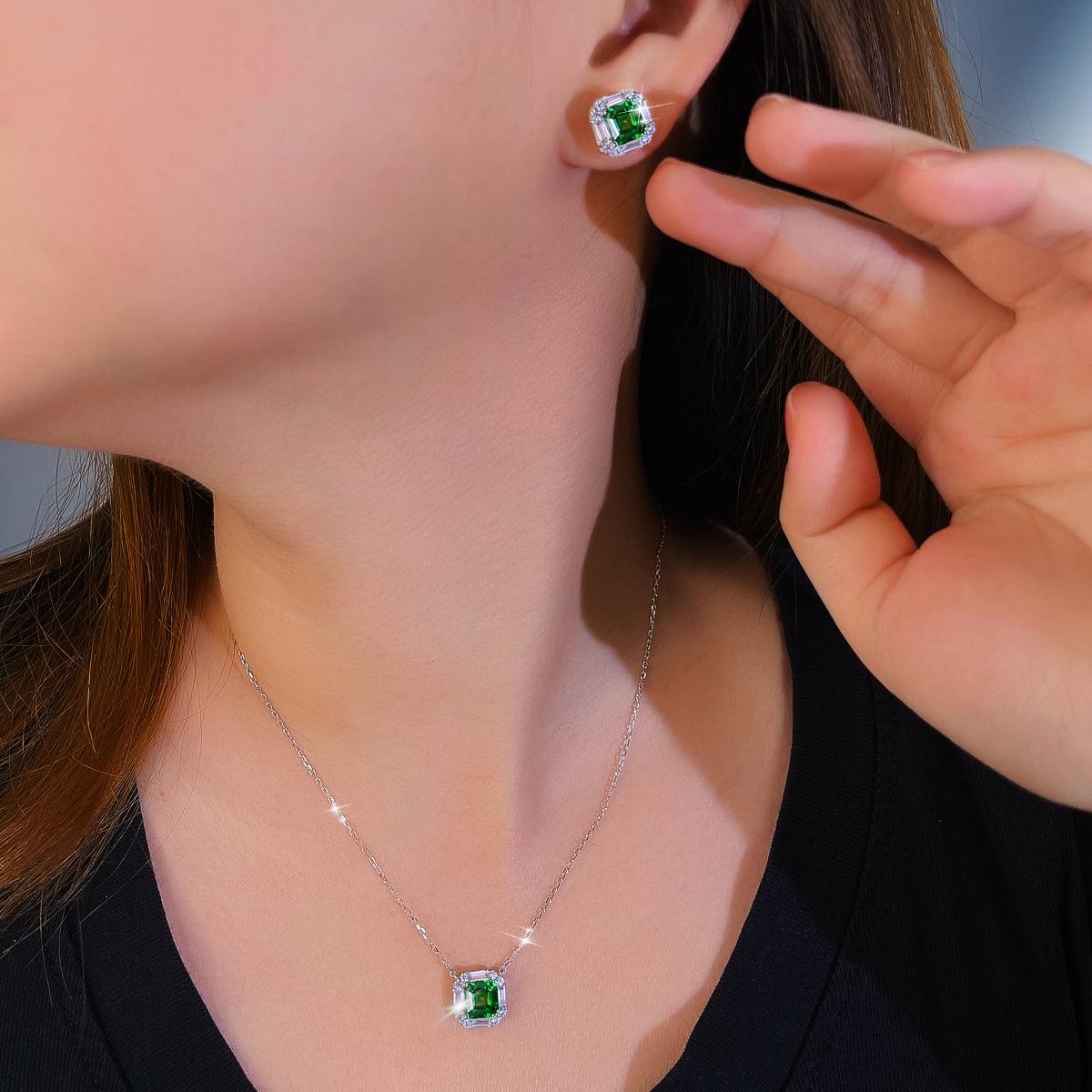 925 Sterling Silver Asscher‑Cut Green Zircon Jewelry Set, Halo Pendant Necklace & Stud Earrings, Vintage Emerald‑Style Luxury Fine Jewelry For Wedding, Banquet, Birthday, Daily Wear & Gift
