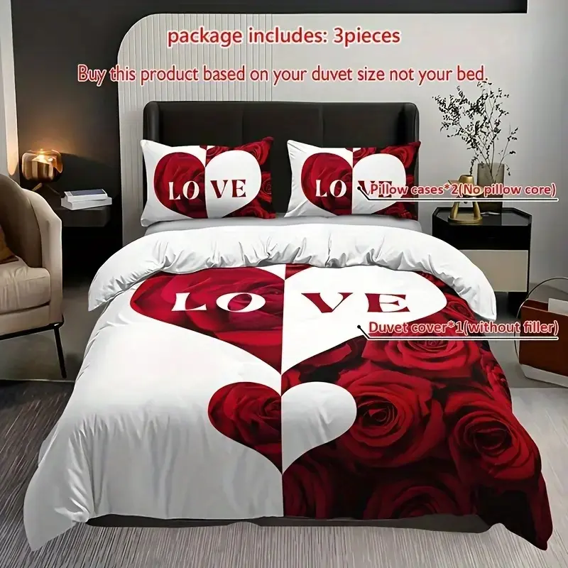 Heart-Shaped Bedding Set (includes 1 Fitted Sheet & 2 Pillowcases), Romantic Bedroom Decor, Soft Cotton Material, Perfect Gift Idea
