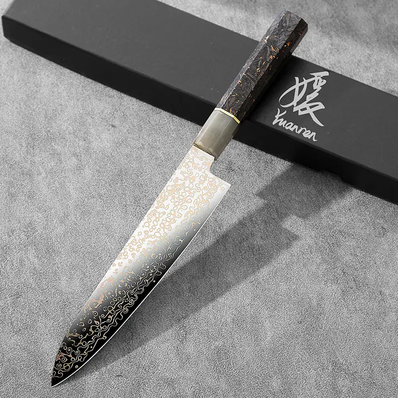 YUANREN San-Cu 8-in Professional Chef Knife - AUS-10 Stainless Steel 67-Layer Damascus Blade, Thick Durable Rustproof Scratch-Resistant Carbon Fiber Handle with Marbled Texture Cap, Kitchen Cutting Knives Tool