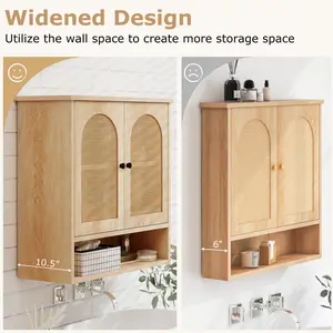 COSTWAY - Bathroom Wall Cabinet with PE Rattan Doors and Adjustable Shelves-Natural
