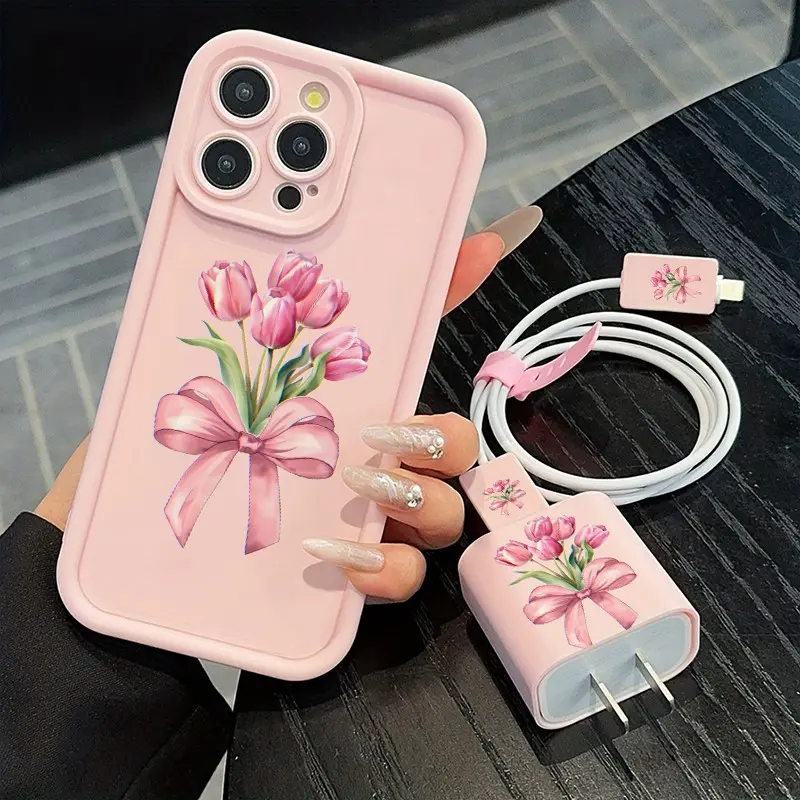 5 Piece Set Tulip Bow Phone Case, Charger Head Cover, Cable Protector, Storage Rope, Anti-Drop Tpu Case Accessories for iPhone 6/7/8/x/11/12/13/14/15/16/17 Pro Max Durable