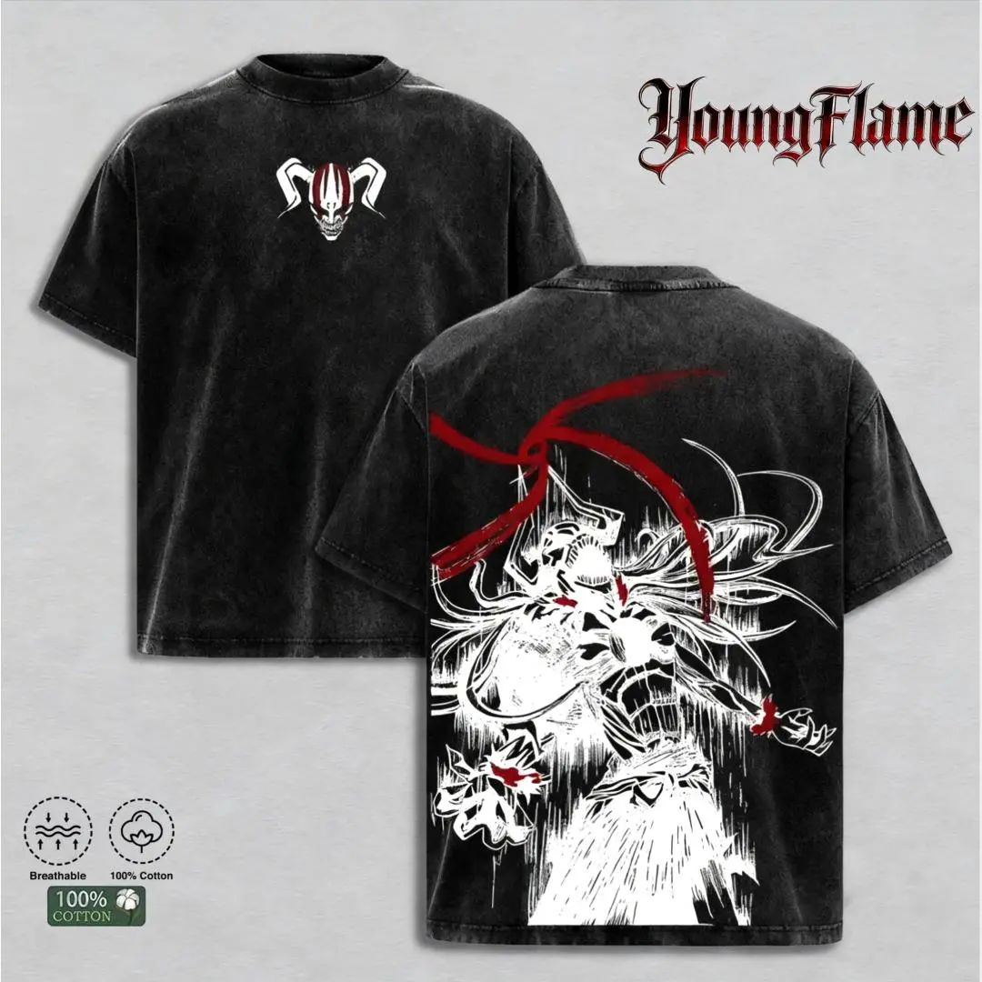 Men's Oversized Graphic T-Shirt, Baggy 100% Heavyweight Cotton Retro Streetwear Top with Japanese Anime Bleach Bankai Double-Sided Print