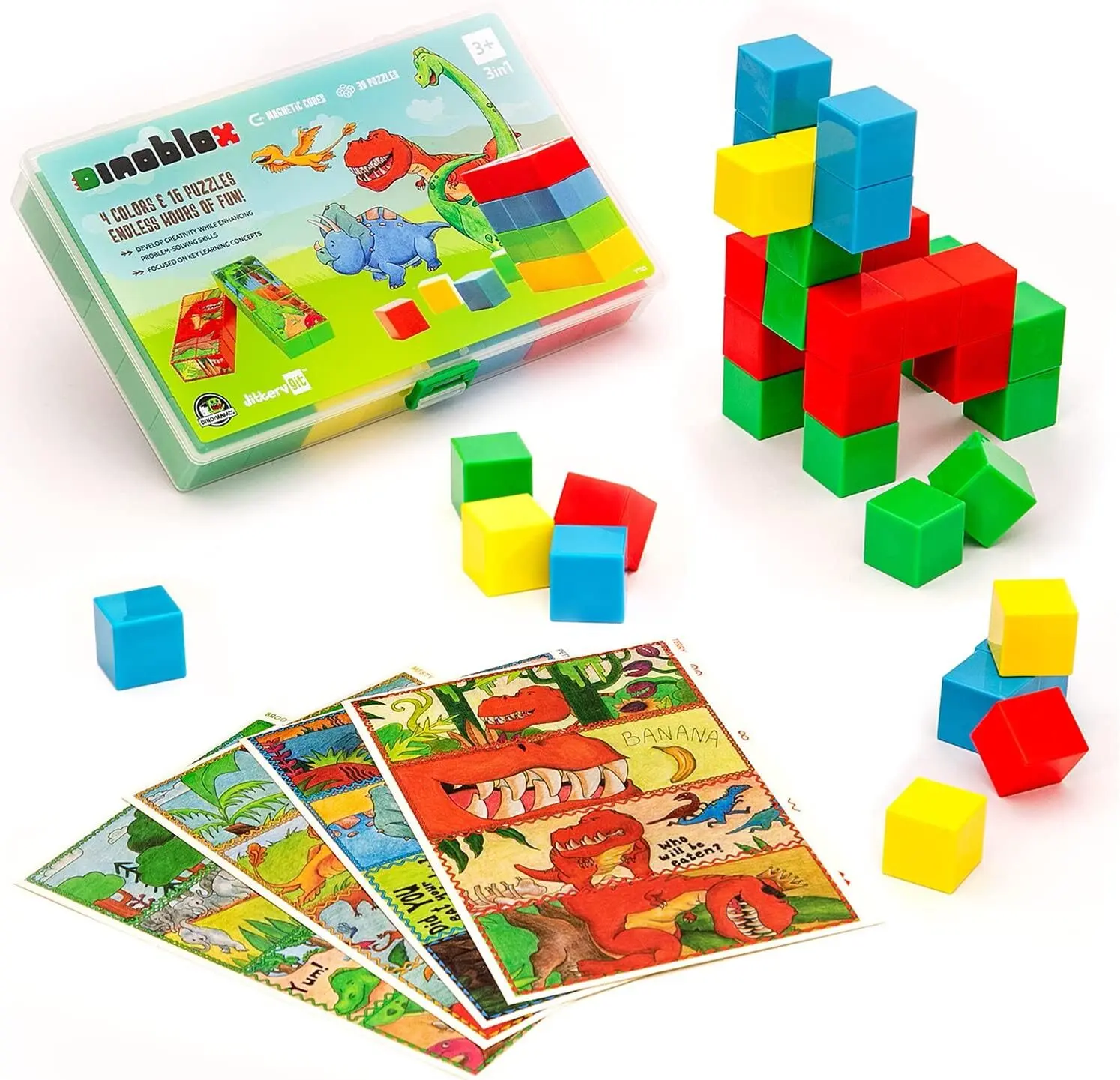 JitteryGit DinoBlox 40-Piece Magnetic Building Blocks - Dinosaur Puzzles, Open Ended Play STEM Learning Educational Toy for Kids Ages 3-6