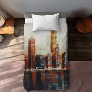 Begin Home Decor C1DCTXLW14IC8F Abstract Red Cityscape Twin Size Extra Long Duvet Cover - Contemporary Home Decor