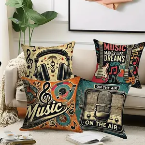 Set of 4 Retro Music Pillow Covers - Creative Decorative Cushion Cover Featuring Guitar, Headphones, And Microphone Design - Teal Blue, Black, And Orange Accents - Soft Polyester Square Pillowcase Ideal for Living Room, Bedroom, Sofa Cushion Cover