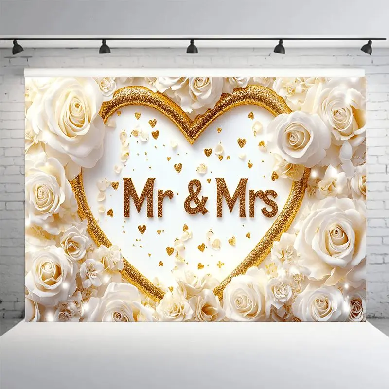 Romantic Rose Petal Heart Shaped Mr & Mrs Wedding Banner, 1 Count Exquisite Wedding Backdrop, Party Decoration Supplies for Wedding Ceremony Garden Party, Ornaments