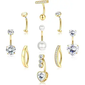 FIASASO 9-Pcs Unisex 14G Gold Belly Button Ring Set - Hypoallergenic Surgical Stainless Steel, CZ Opal Clicker, Geometric/Heart Floating Navel Piercing Jewelry for Daily Wear
