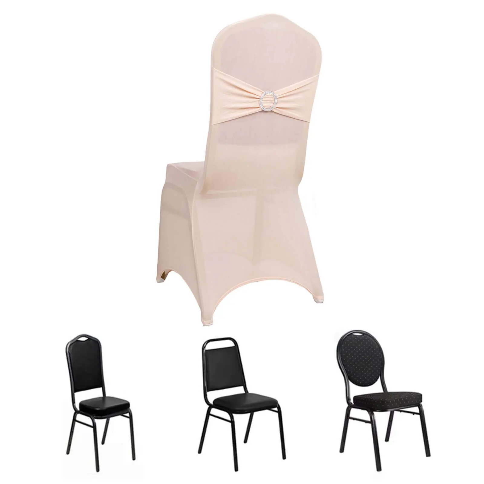 Spandex Blush Dining Chair Slipcover with Silver Rhinestone Buckled Sash Band - Stretched Custom-Fitted Decorative Cover for Party Use, Fitted Chair Slipcovers