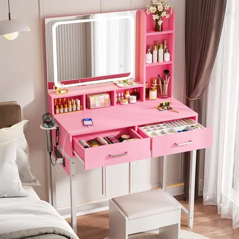 summergarden LED-Backlit Makeup Vanity Furniture - Light Up High-Brightness LED Mirror Desk, 2 Drawers, 7 Storage Compartments, Power Strip, Adjustable Lighting, Reversible Design, Easy Assembly