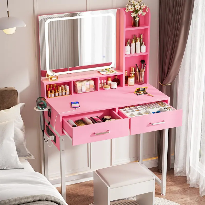 summergarden LED-Backlit Makeup Vanity Furniture - Light Up High-Brightness LED Mirror Desk, 2 Drawers, 7 Storage Compartments, Power Strip, Adjustable Lighting, Reversible Design, Easy Assembly