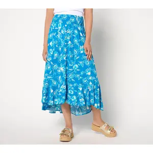 Susan Graver Passport Petite Printed Woven Button-Front Smocked Skirt