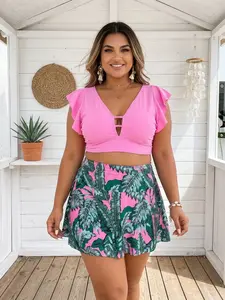 Brandable Plus Size Ruffle Sk Swimsuit Set High Waist Floral
