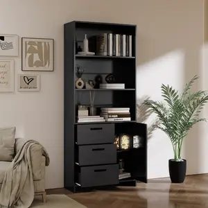 6-Tier Bookshelf with Door and 3 Drawers, 71 Inch Tall Bookcase with 3-Tier Open Shelves, Wooden Storage Cabinet Organizer for Home Office Living Room Bedroom, Freestanding Book Shelf Display Cabinet in Black or White