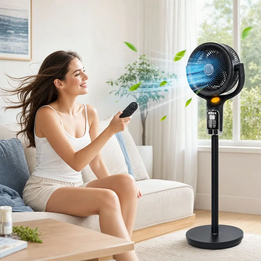 SPZK Bedroom Pedestal Fan, Quiet 20dB DC Air Circulator, 15 Speeds 5 Modes, 120° Oscillation, with Timer, 1050CFM Airflow, " Adjustable Height,  Standing Fan with Remote