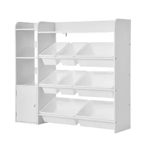 VEVOR Kids Toy Storage Organizer with Bookshelf - MDF+Plastic 4-Tier Cubbies, 8 Flexible Plastic Bins, Wall Mount Shelves, Anti-Tip Safe, Easy Setup for Playroom, Bedroom, White