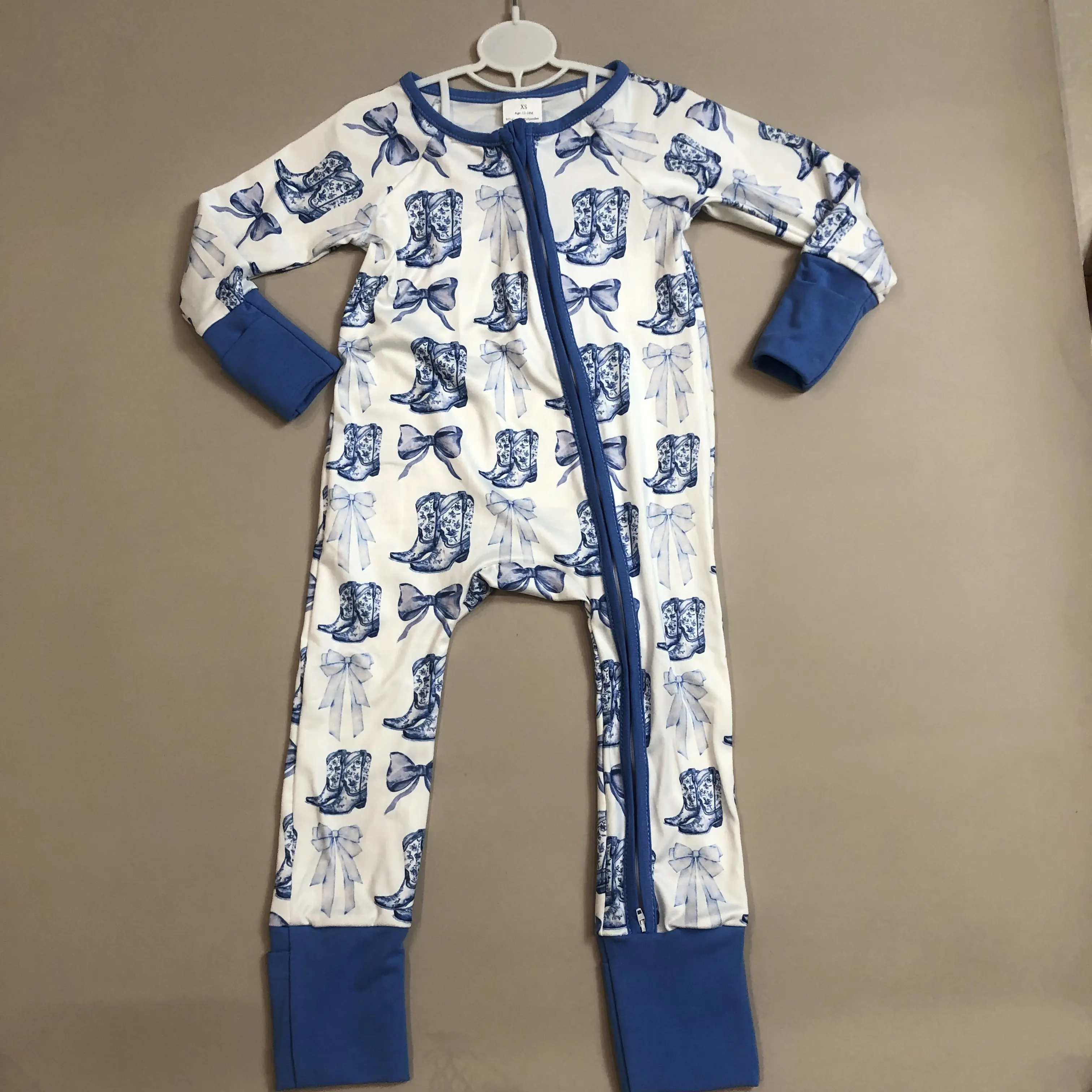 Baby Girl Winter Romper Blue Bows Shoes Cowgirls Western Clothes Zip Romper Newborn Baby Shower Gift