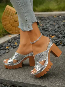 Women's Summer Fashion Open Toe Chunky High Heel Sandals, Comfortable Slip-On Casual Shoes, Large Size Outdoor Wear, Chunky Block Heel