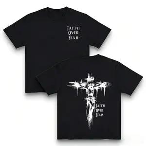 Men's Cross & Faith Over Fear Slogan Print Plush Lined Drawstring Hoodie Regular Fit Casual Comfy Thermal Warm Long Sleeve Kangaroo Pocket Design Hooded Sweatshirt for Spring & Fall Fashion