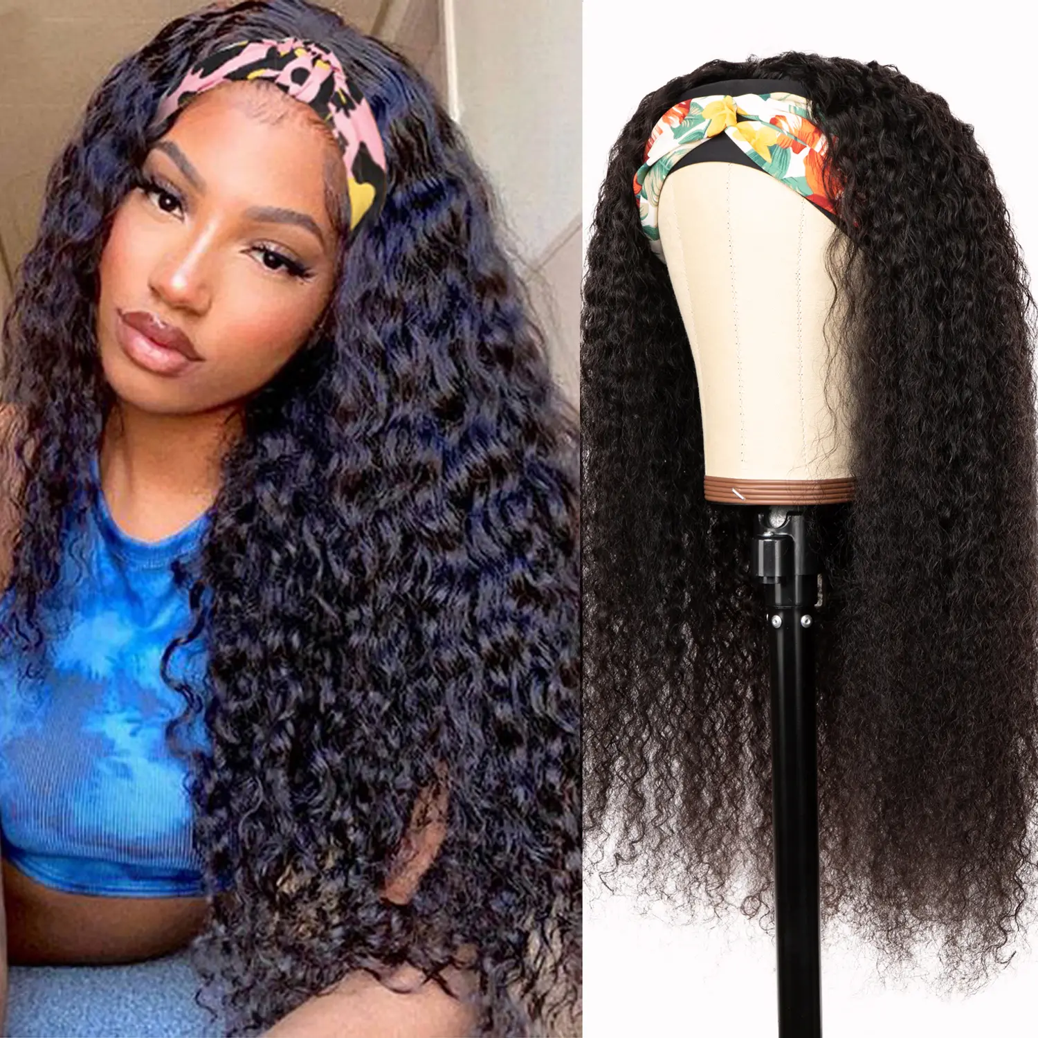 Women's Jerry Curly Human Hair Headband Wig, 180% Density Glueless Elastic Drawstring Full Machine Wig, Ready-to-Go Instant Glamour No Hassle Natural Soft Touch #TikTokShopBackToSchool