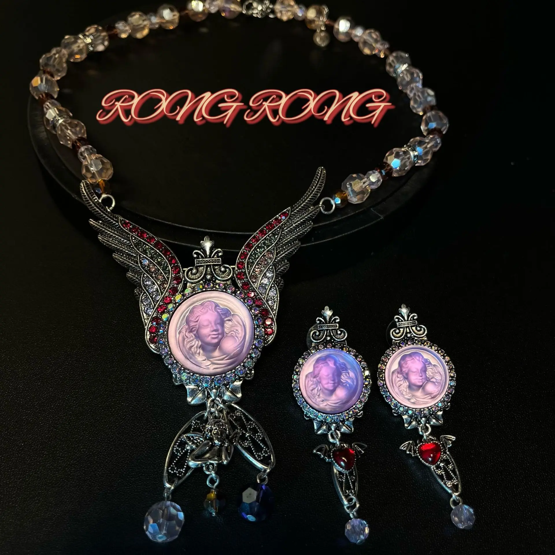Women's Beaded Choker - Antique Baroque Angel Charm Necklace, Oxidized Silver Wing Setting, Multi-Faceted Crystal Necklaces, Vintage Decorative Jewelry, Angel Charm Necklaces