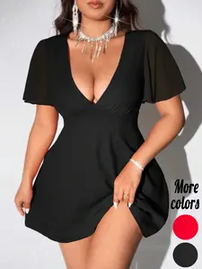 Plus-Size 1 Piece Deep V-Neck Flare Sleeve Mini Dress, Glam, Chic Party Style, Stretchy Ruched Bust & Flowy A-Line Hem Detail, For Curvy Women, Perfect for Date Night, Clubbing & Formal Events | TikTok Viral Fashion