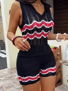 Summer Black Hollow Out Polo Neck Sleeveless Halter Vest Set, Fashion Elegant Chic Sexy Slim Fit Striped Knit Shorts Two Piece Suit