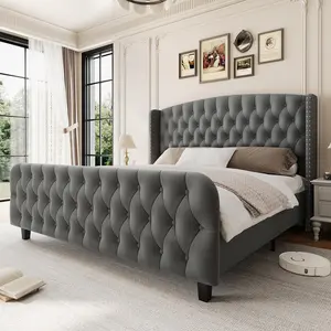 Grey Queen Size Bed Frame with Deep Button Tufted Wingback Headboard and Footboard, Velvet Upholstered Platform Bed Frame, No Box Spring Needed, Easy Assemble