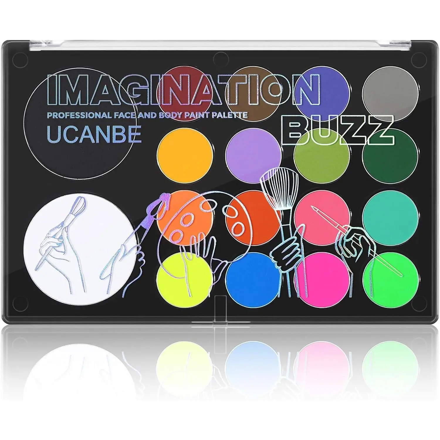 UCANBE 18-Shade Water-Based Face & Body Paint Kit, Vibrant Cosmetic Palette with Large White, Black & Neon Glow UV Colors for Halloween Pumpkin Designs, Cosplay & Stage SFX Makeup