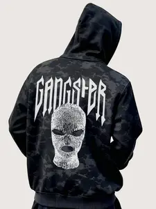 Men's Unisex Relaxed Fit Hoodie GANGSTA Letter & Balaclava Graphic Acid Washed Black Camo Y2K SWAG INS Streetwear Long Sleeve Casual Sweatshirt Spring 2026 New Arrival Menswear Tops Fashion Trendy Birthday Gift Pullover