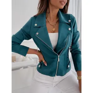 Faux Suede Long Sleeve Jackets - Women's Fall Cropped Coats with Pockets - Lapel Zip Up Open Front Casual Fit Outwear leather jacket Soft Womenswear