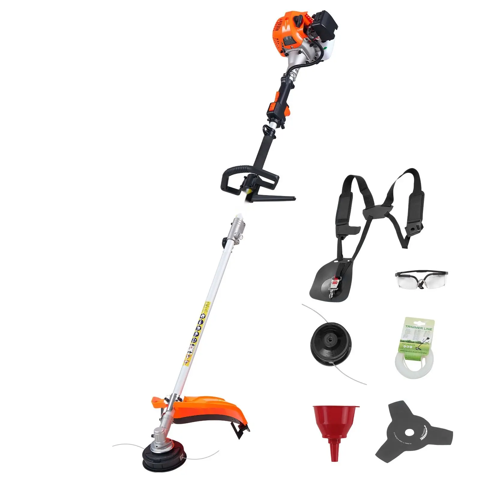 26cc Gas Powered 2-in-1 String Trimmer and Weed Wacker with 17-Inch Cutting Swath, 10-Inch Brush Cutter, 2-Stroke Heavy-Duty Engine, Shoulder Strap, and 3T Blade for Efficient Grass Cleaning