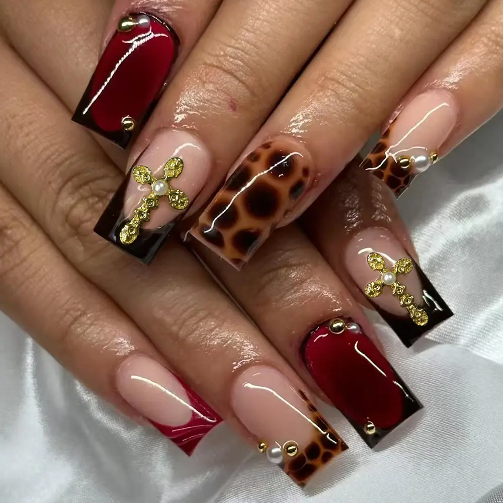 24pcs Square French Press-On Nails, Leopard Print Design, Glossy Acrylic False Nail Kit Set, Nail Art Supplies, Includes Glue and File, for Women and Girls