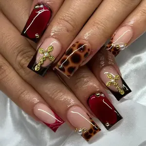24pcs Square French Press-On Nails, Leopard Print Design, Glossy Acrylic False Nail Kit Set, Includes Glue and File, for Women and Girls