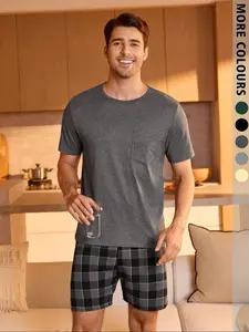 Men's Two-Piece Set, Round Neck Shirt and Plaid Pants, Fashionable Classic Comfortable Fitted Casual Wear, Suitable for All Seasons, Multiple Colors Available