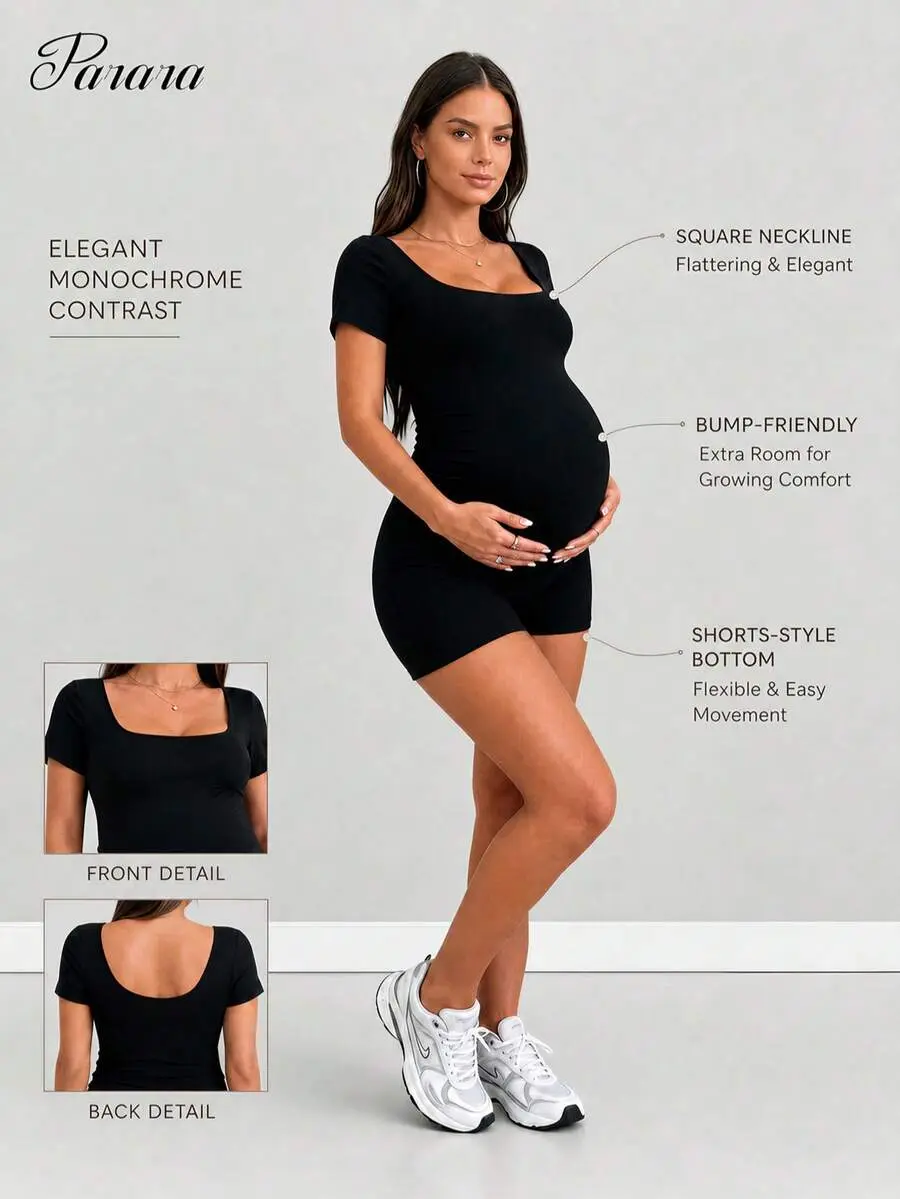 NOGN x Parara Maternity Short Sleeve Jumpsuit, Tight Fit Casual All-Season Style, Inner Wear, Sporty Casual Style, Festival Outfits For Women Black Summer