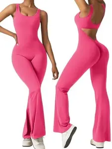 Women Sleeveless Flare Jumpsuits Sexy Backless Tank Tops Bodycon Scrunch Butt Yoga Rompers Seamless Unitard Playsuit