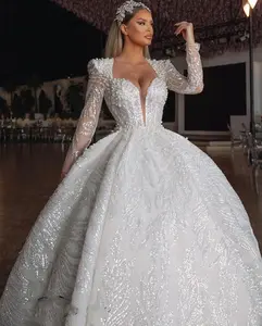 Princess Wedding Dresses For Women Long Sleeves Pearls Sequins Dubai